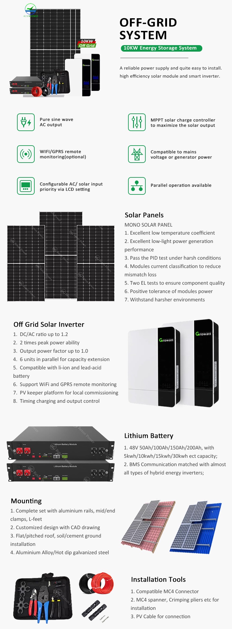 10KW Off Grid Solar Energy System With Growatt Inverter - retonpower